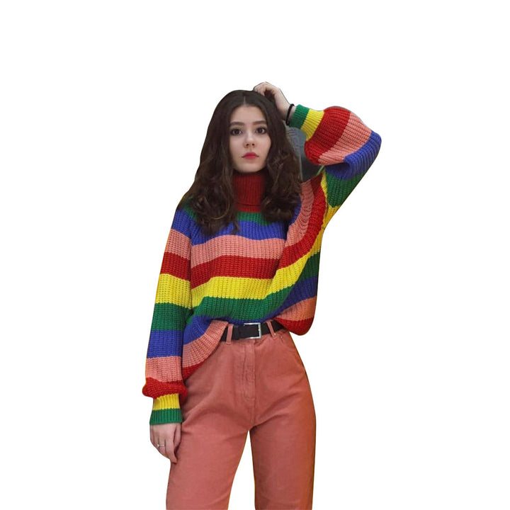 Dame stribet rullekrave sweater lavet af blød strik Stilla