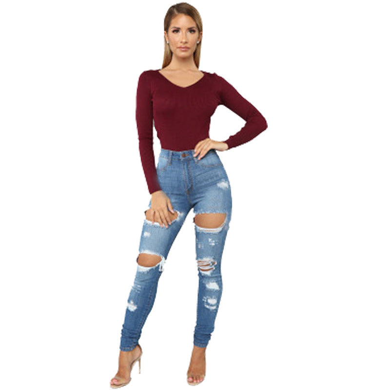 Dame højtaljede Ripped Skinny Jeans i trendy Used-Look Stilla