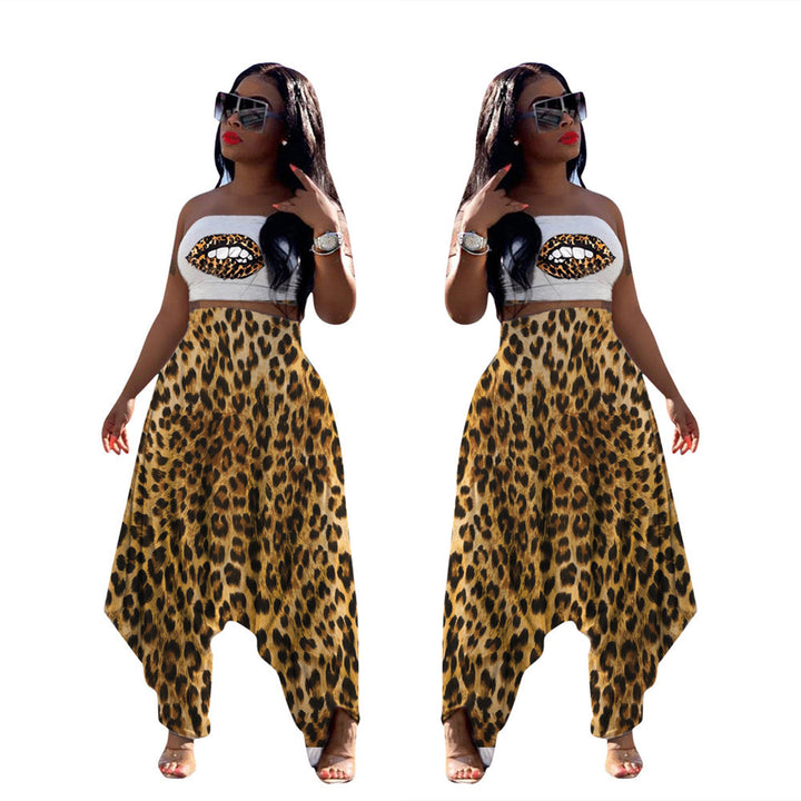 Dame Elegant Jumpsuit med leopardmønster og bandeau overdel Stilla