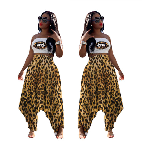 Dame Elegant Jumpsuit med leopardmønster og bandeau overdel Stilla