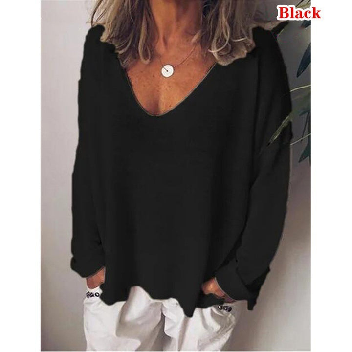 Dame afslappet langærmet T-shirt med dyb V-udskæring og oversized snit Stilla