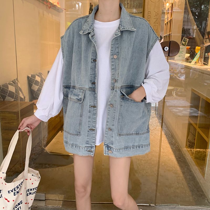 Dame afslappet denim vest med rummelige lommer Stilla
