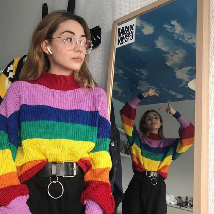 Dame stribet rullekrave sweater lavet af blød strik Stilla
