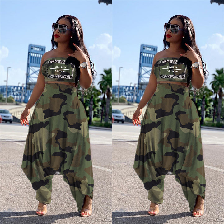 Damer Elegant Jumpsuit med asymmetrisk design og camouflage-mønster Stilla