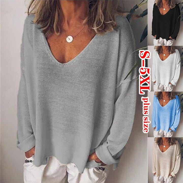 Dame afslappet langærmet T-shirt med dyb V-udskæring og oversized snit Stilla