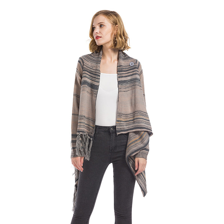 Damer fashionable poncho med frynser og geometrisk mønster Stilla