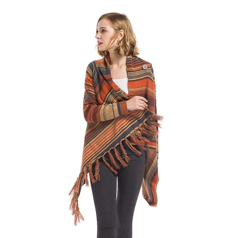 Damer fashionable poncho med frynser og geometrisk mønster Stilla