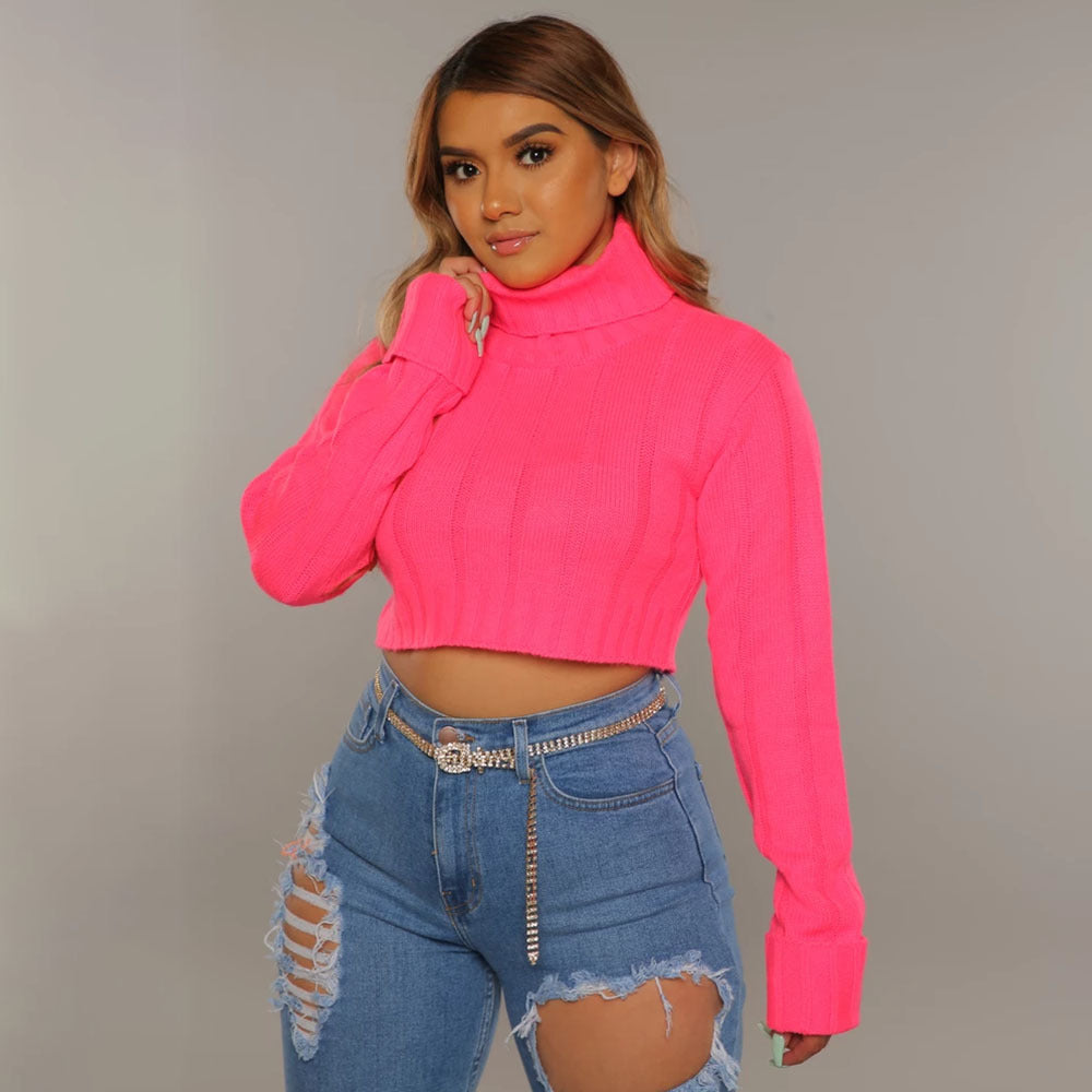 Dame Cropped Rullekravepullover med Strukturmønster Stilla
