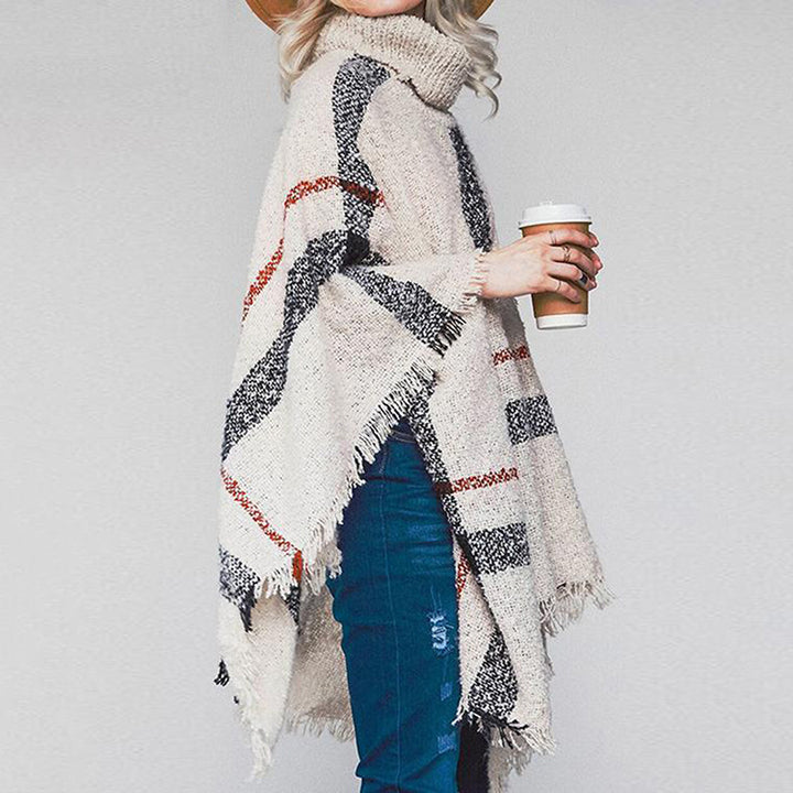 Kvindernes strikkede poncho med asymmetrisk snit og fashionable krave Stilla