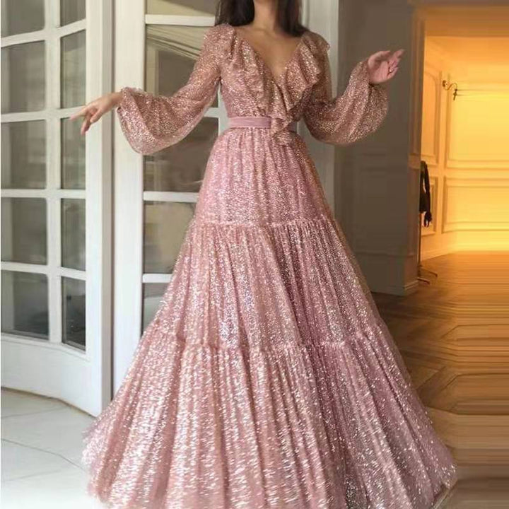 Dame Elegant Maxikjole med Flæse Detaljer og Glimt Effekt Stilla