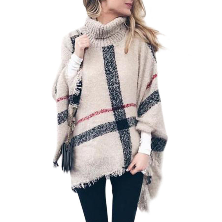 Kvindernes strikkede poncho med asymmetrisk snit og fashionable krave Stilla