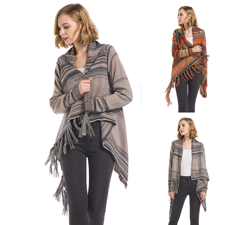 Damer fashionable poncho med frynser og geometrisk mønster Stilla