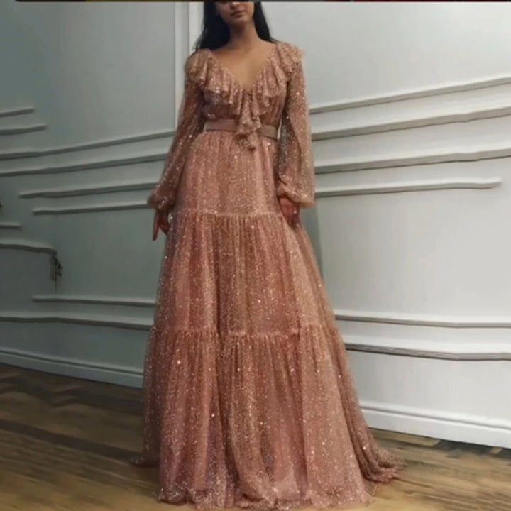 Dame Elegant Maxikjole med Flæse Detaljer og Glimt Effekt Stilla