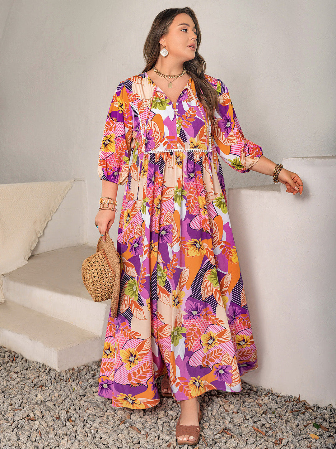 Stilla | Plus Size Printed Tie Neck Maxi Kjole