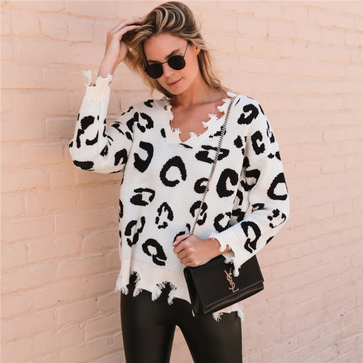 Dame moderigtig strikpullover med afslappet batiklook og frynset kant Stilla