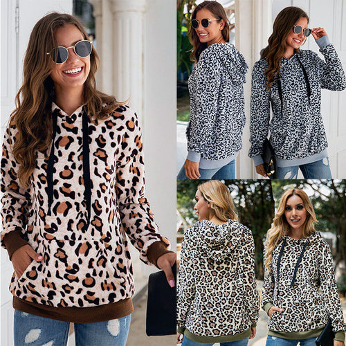 Dame Krammende Hoodie med leopardmønster og kængurulomme Stilla