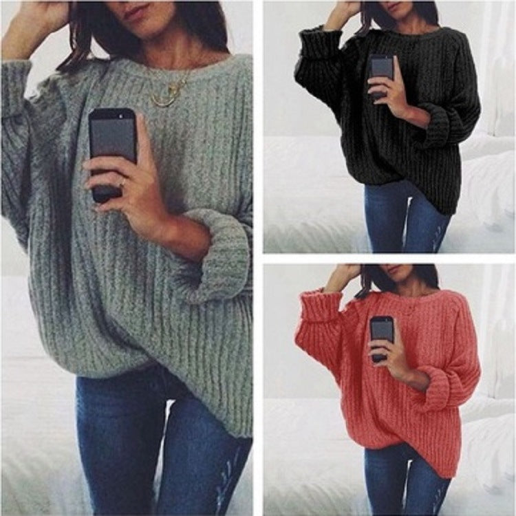 Dame Oversized Strikket Sweater med Ribbet Design og Bred Ærmer Stilla