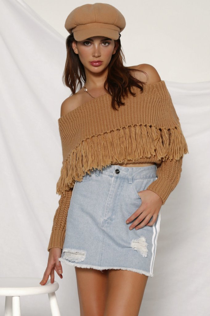 Dame Off-Shoulder Pullover med frynse-detalje Stilla