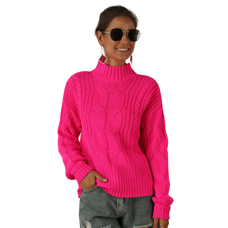 Dame grovstrik pullover med høj krave og flette design Stilla