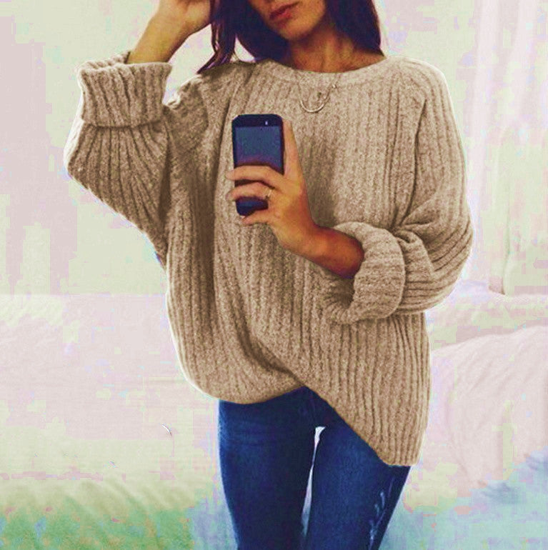Dame Oversized Strikket Sweater med Ribbet Design og Bred Ærmer Stilla