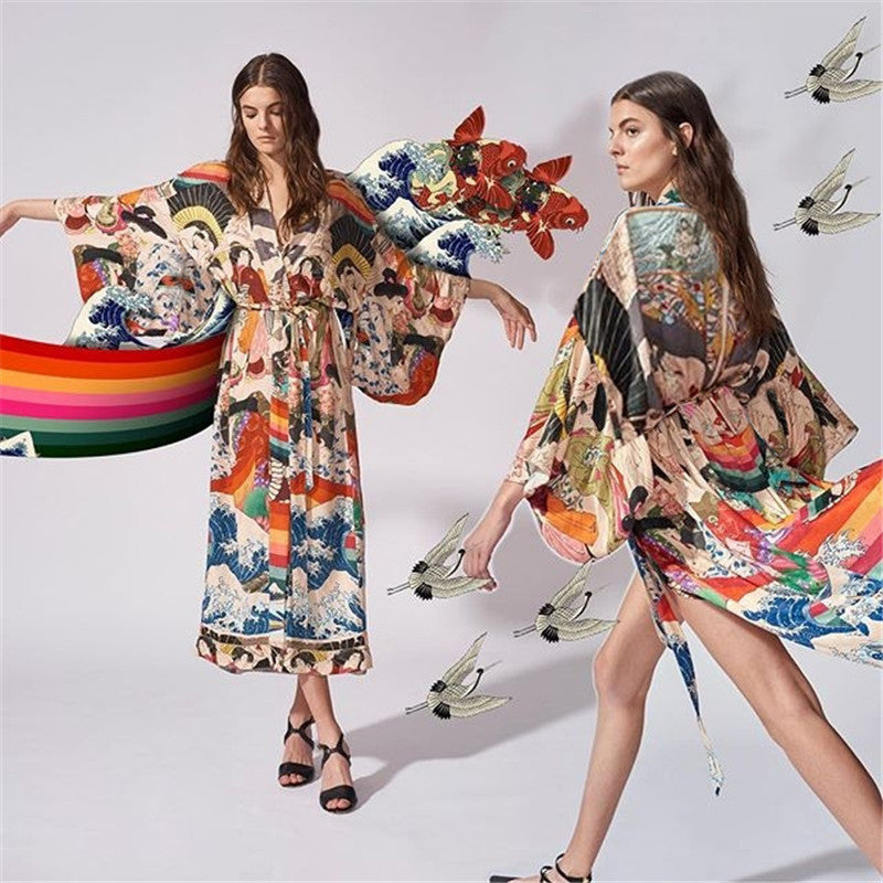 Dame Kimono-stil Strandoverdel med kunstnerisk mønster og løs pasform Stilla