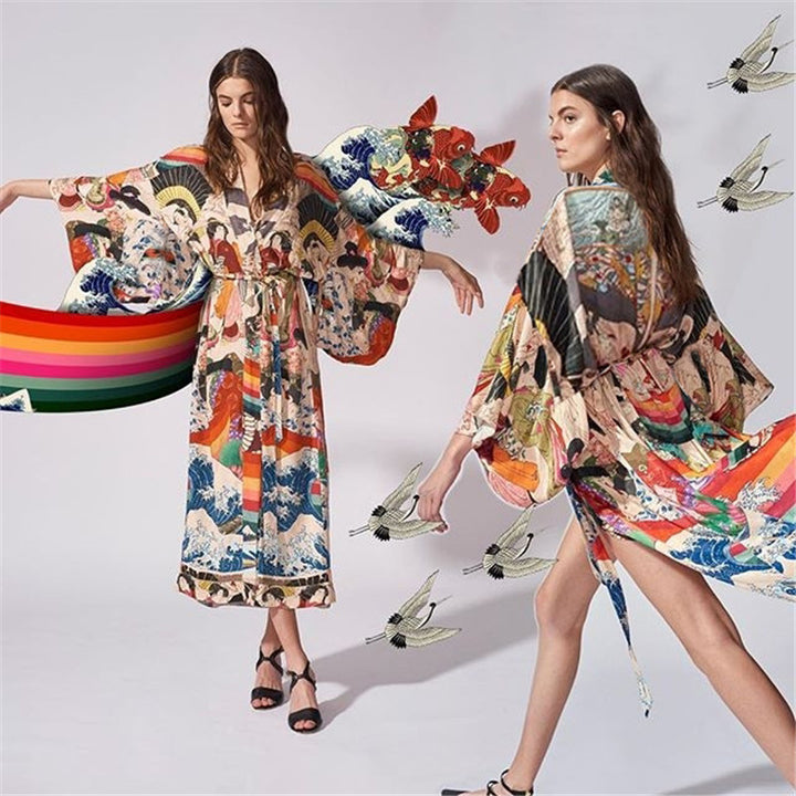 Dame Kimono-stil Strandoverdel med kunstnerisk mønster og løs pasform Stilla