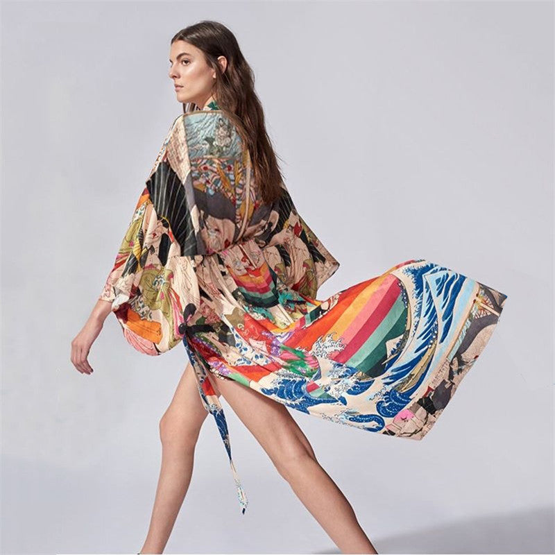 Dame Kimono-stil Strandoverdel med kunstnerisk mønster og løs pasform Stilla