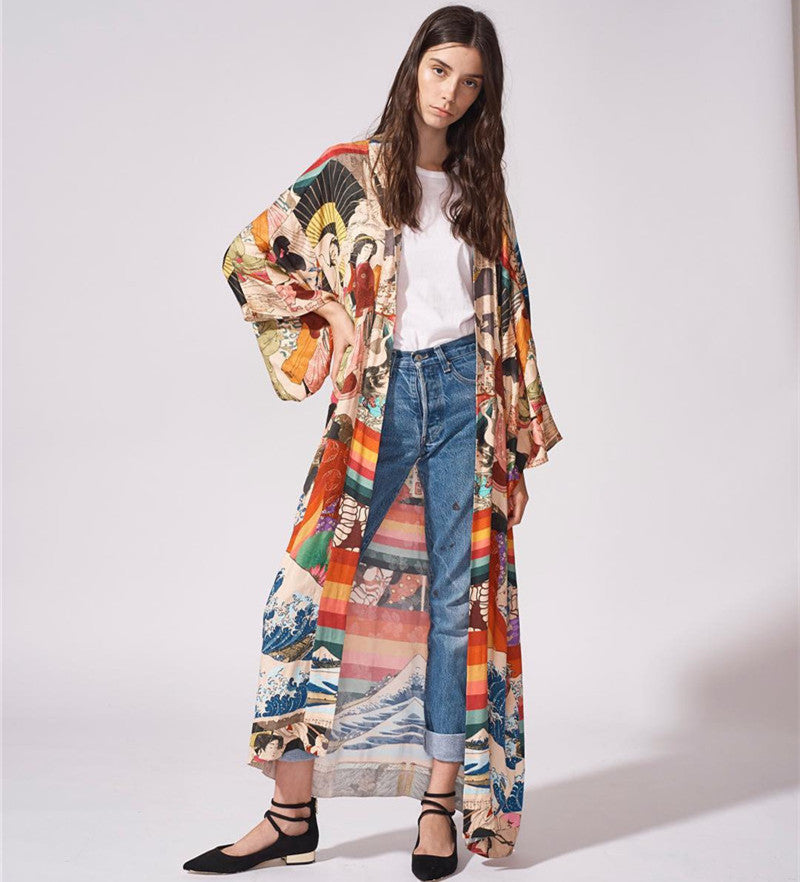 Dame Kimono-stil Strandoverdel med kunstnerisk mønster og løs pasform Stilla