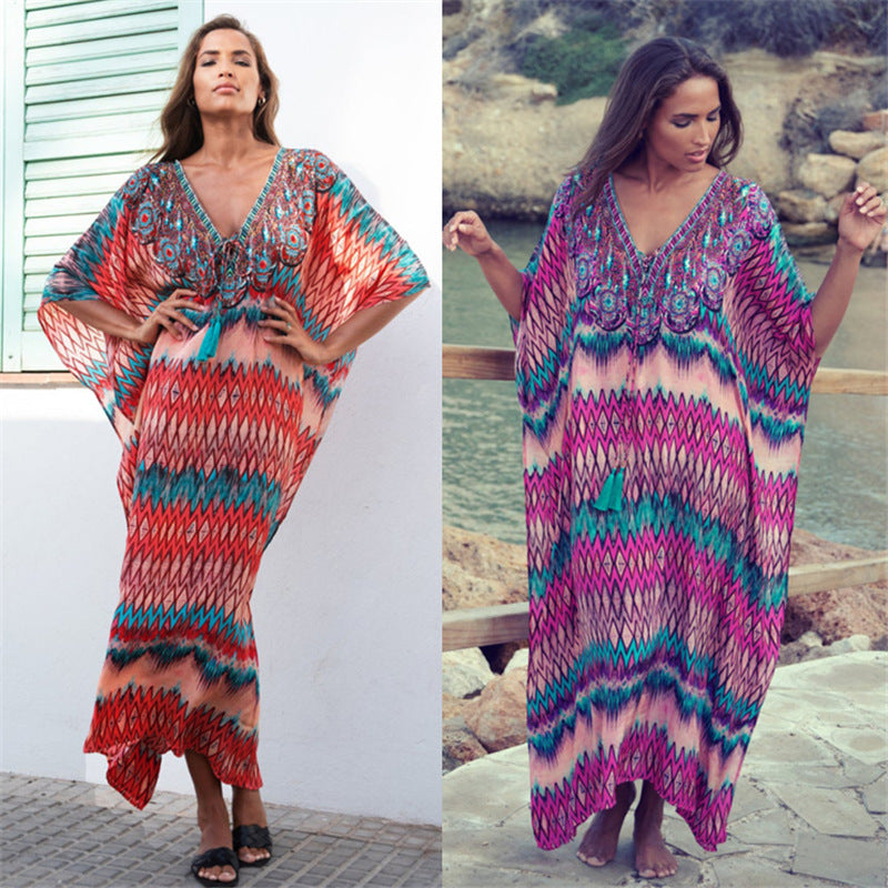 Dame Kaftan med kunstnerisk etnisk design og afslappet snit Stilla