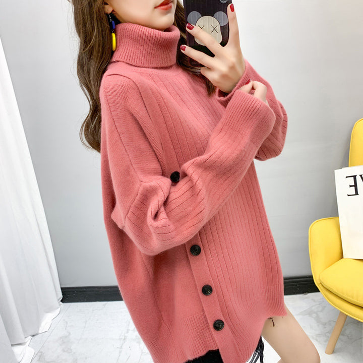 Kvinder Elegant Turtleneck Sweater med Knap Placket Stilla
