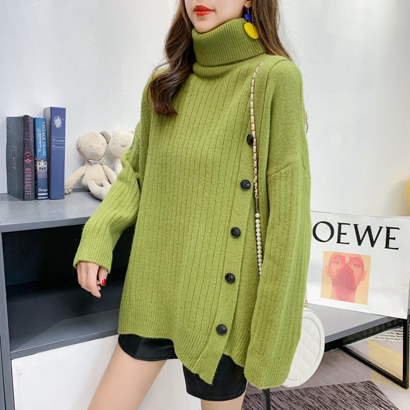 Kvinder Elegant Turtleneck Sweater med Knap Placket Stilla