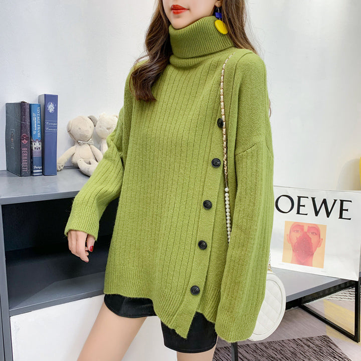 Kvinder Elegant Turtleneck Sweater med Knap Placket Stilla
