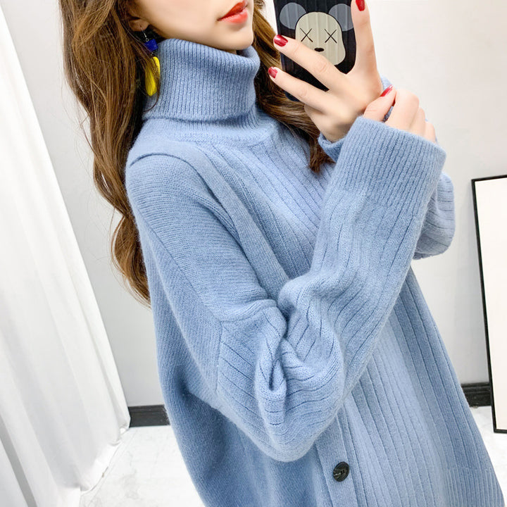 Kvinder Elegant Turtleneck Sweater med Knap Placket Stilla