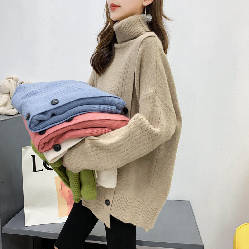 Kvinder Elegant Turtleneck Sweater med Knap Placket Stilla