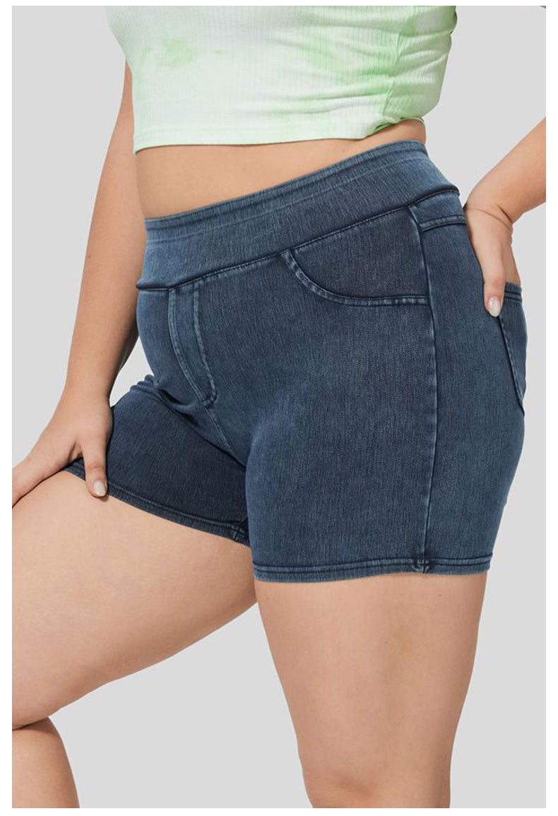 Stilla | Størrelse Høj Talje Denim Yoga Shorts Med Dobbelt Lommer Til Kvinder