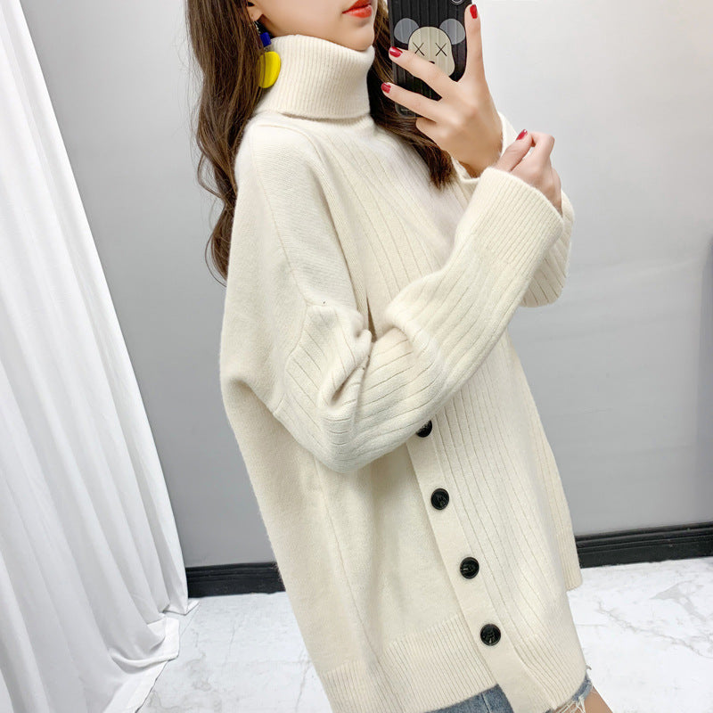 Kvinder Elegant Turtleneck Sweater med Knap Placket Stilla
