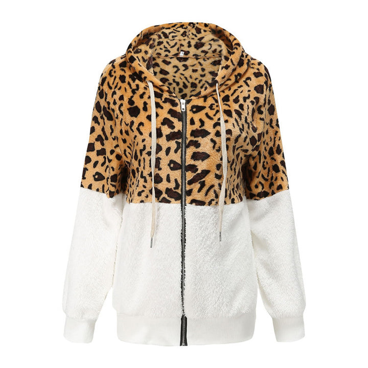 Dame fleecejakke med fashionable leopardmønster og hætte Stilla