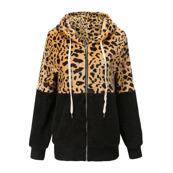 Dame fleecejakke med fashionable leopardmønster og hætte Stilla