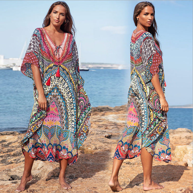 Dame Strandtop med farverigt mandala-design og luftig pasform Stilla