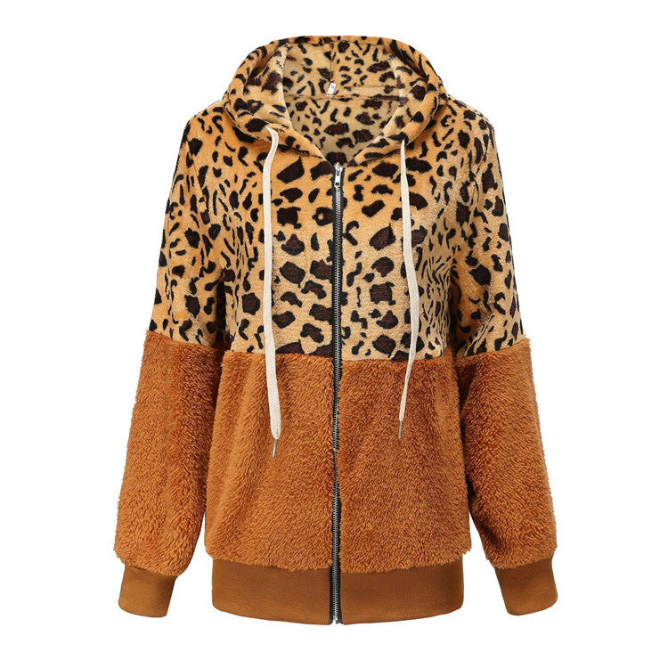 Dame fleecejakke med fashionable leopardmønster og hætte Stilla
