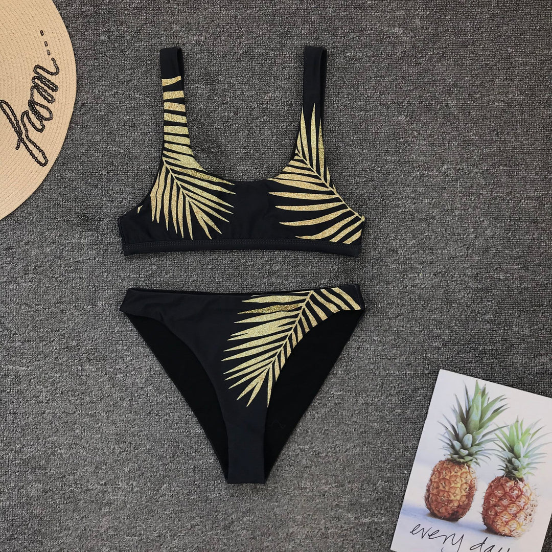 Dame bikini-sæt med elegant bladmotiv og glitrende effekt Stilla