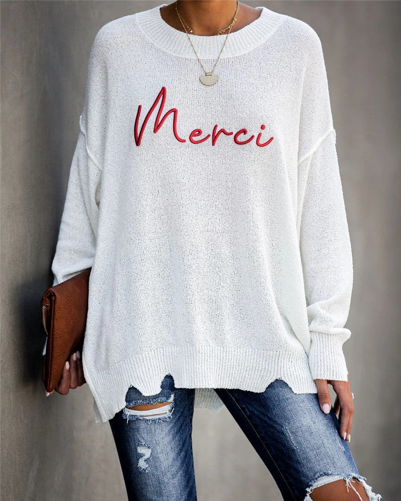 Dame grovstrikket pullover med stilfuld skrift Stilla