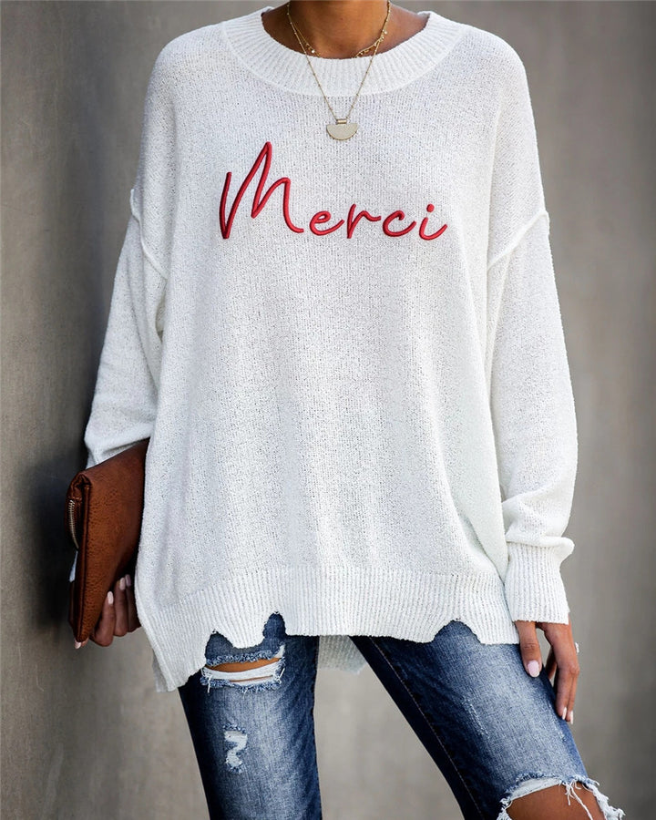 Dame grovstrikket pullover med stilfuld skrift Stilla
