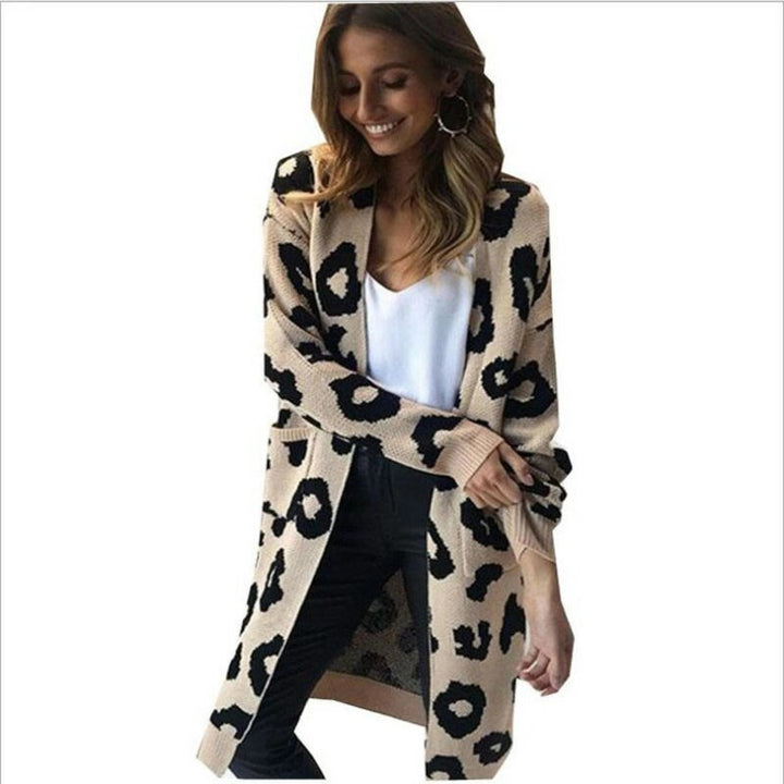 Dame Elegant Strikcardigan med Leopardmønster Stilla