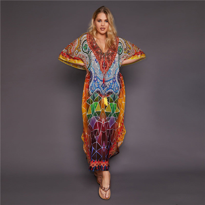 Dame Strandmode Kaftan med kunstnerisk mønster og bred pasform Stilla