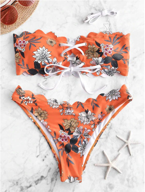 Dame Bandeau-bikini-sæt med blomsterdesign og moderne snøring Stilla