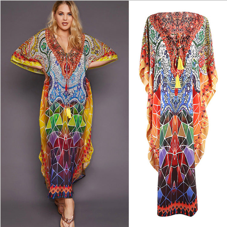 Dame Strandmode Kaftan med kunstnerisk mønster og bred pasform Stilla