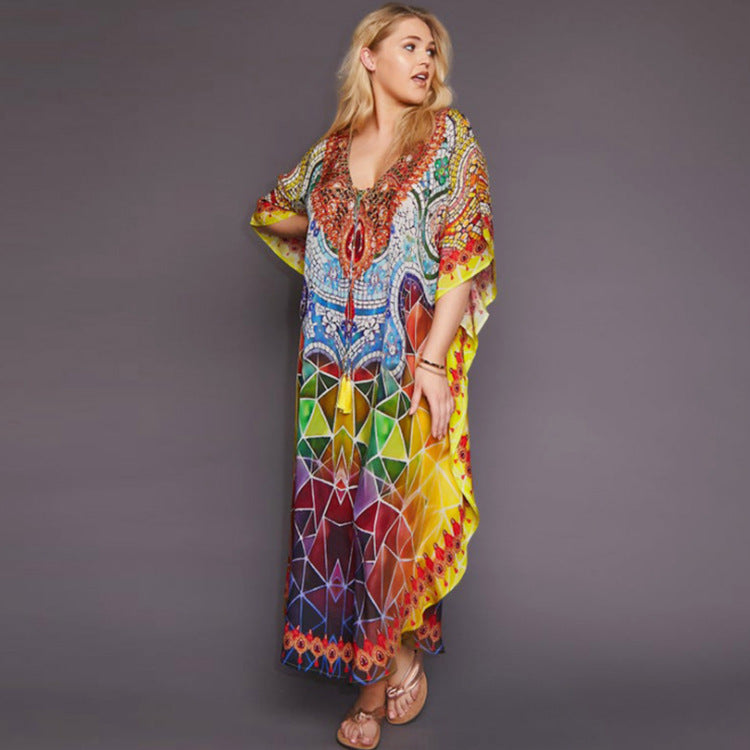 Dame Strandmode Kaftan med kunstnerisk mønster og bred pasform Stilla