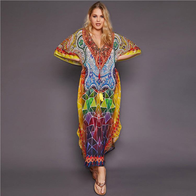 Dame Strandmode Kaftan med kunstnerisk mønster og bred pasform Stilla