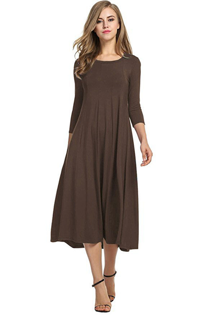 Skovae | Kvadrat-udskæring 3/4-lange ensfarvet midi-kjole